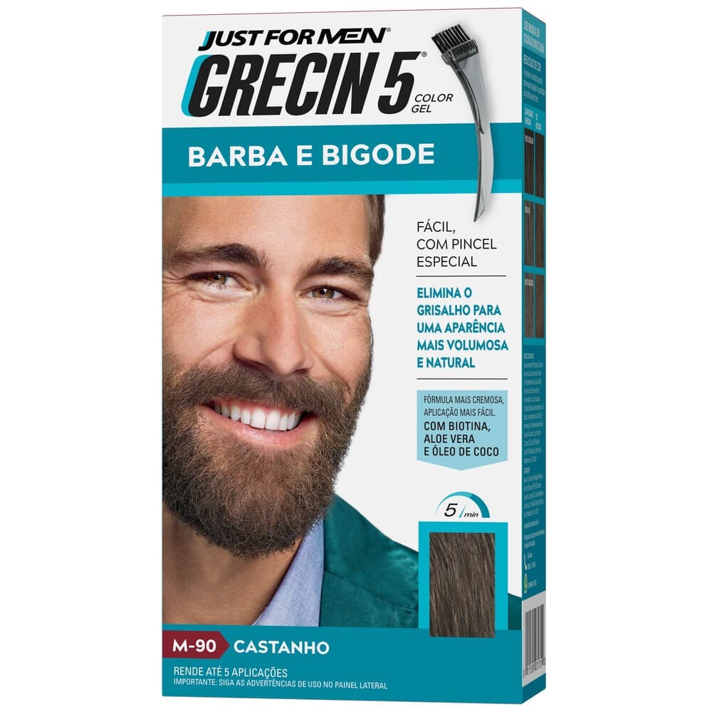 Grecin 5 Color Gel Barba e Bigode Castanho M-90 28g - Cobre os fios grisalhos em 5 minutos. Aparência natural e volumosa