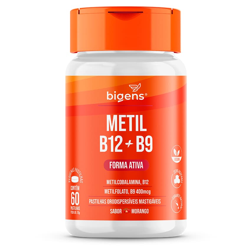 Metil B12 + Metil B9 Forma Ativa | Pastilhas Orodispersíveis Sabor Morango | 60 Tabs | Bigens