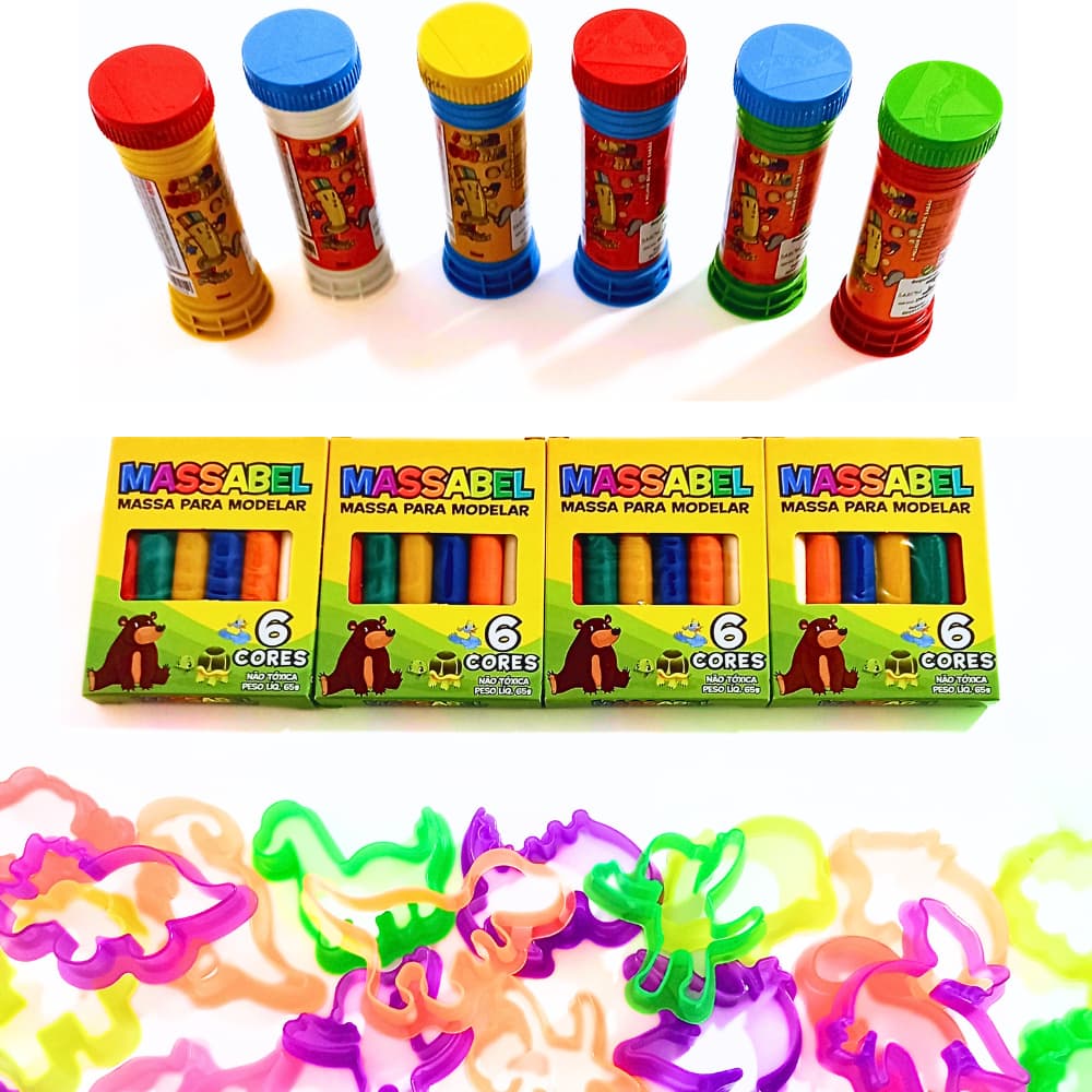 Kit 15 Cx Massinha de Modelar + 15 Bolha de Sabão + 15 Forminhas Cortador Molde Lembrancinha Festa