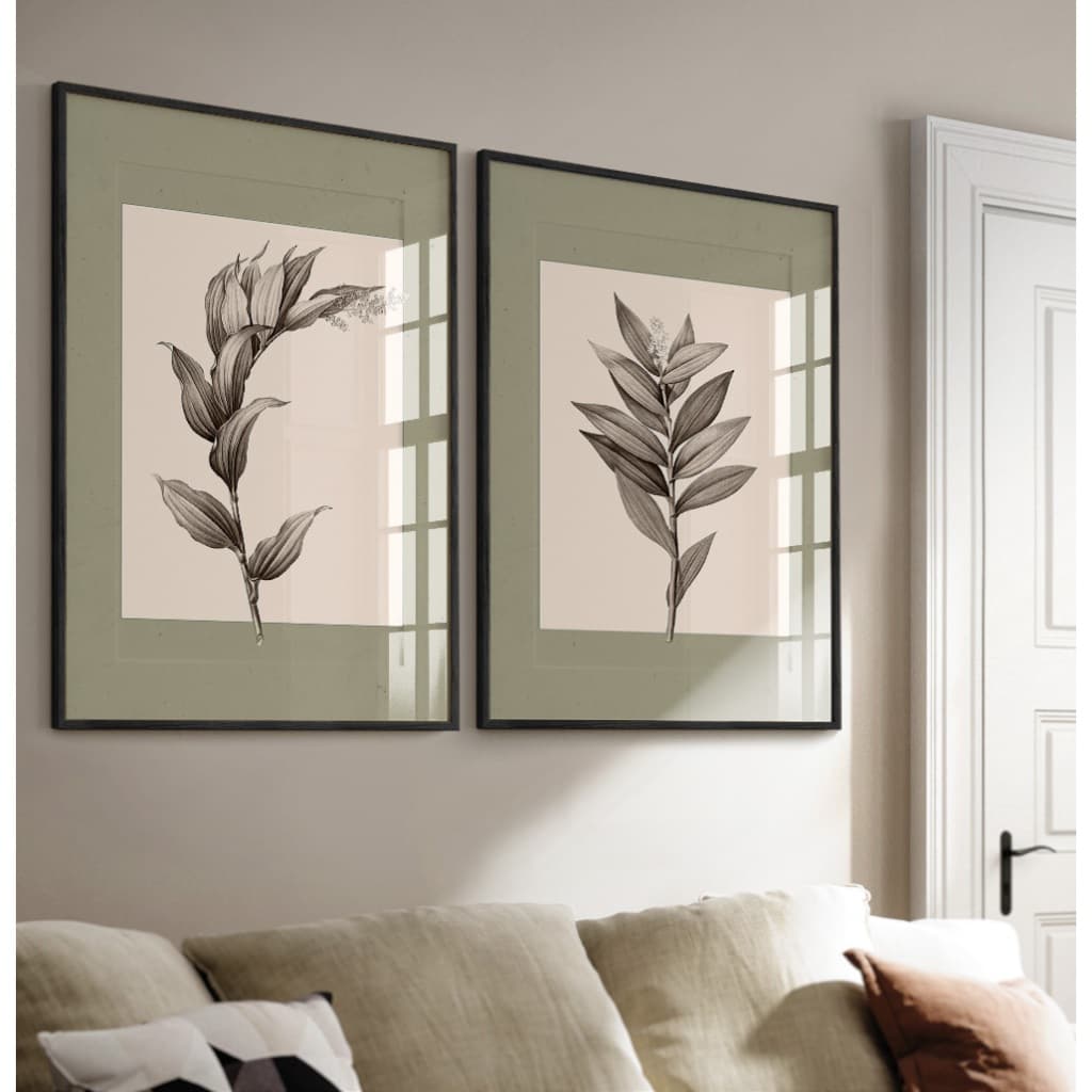 Quadros Decorativos Com Moldura E Vidro Sala Quarto Casal Duo Floral Verde Plantas Folhagem Sépia