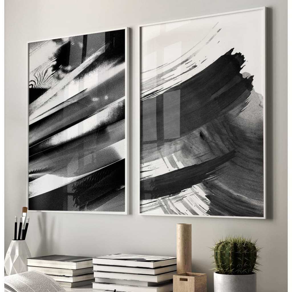 Quadro Abstrato Preto E Branco Com Moldura Quadro Decorativo Escritório Quadro Sala Pinceladas Kit