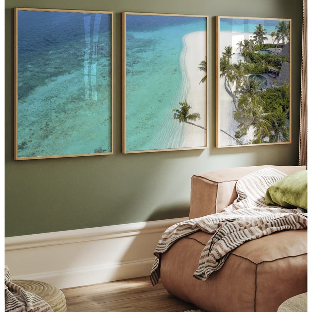 Quadro Praia Mar Paisagem Grande Quadro Com Moldura Vidro Quadro Decorativo Sala Paraíso Azul Trio