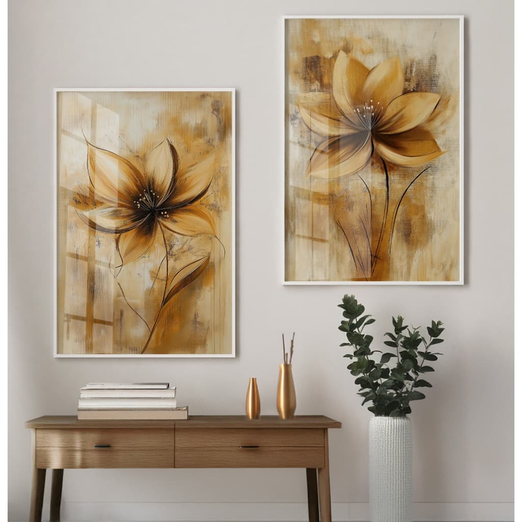 Quadro de Flores Abstrato Para Sala Quadros Decorativos Quarto Grande Com Moldura Floral Sépia Duo