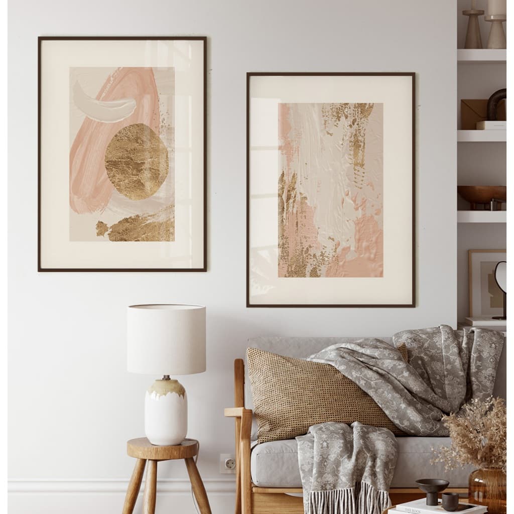Quadro Decorativo Com Moldura E Vidro Sala Quadro Decorativo Escritório Kit Abstrato Rosé E Dourado
