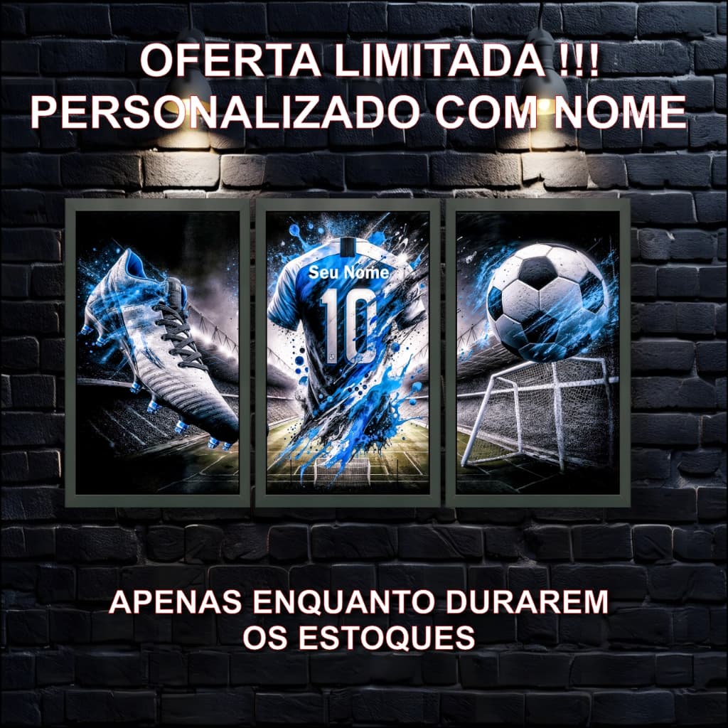 Kit 3 Quadros Decorativos Infantil Futebol, Personalizado com Nome, Camisa, Chuteira, Bola, Quarto