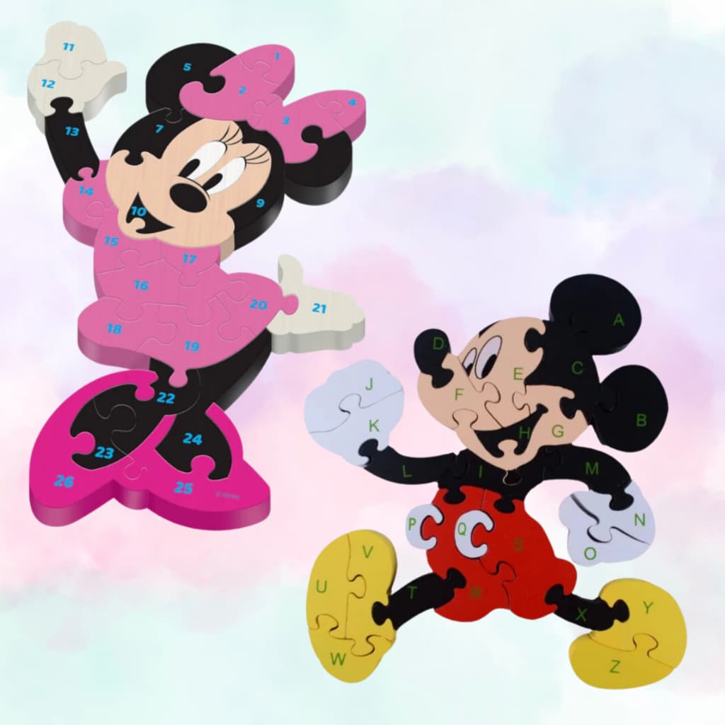 Quebra Cabeça De Encaixe 3d Madeira Alfanumérico 26pç MDF Mickey Minnie Inteligência Educativo