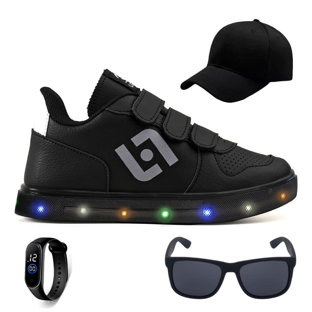 Kit Tenis de LED Infantil Casual Calce Facil Light + Bone + Oculos E Relogio