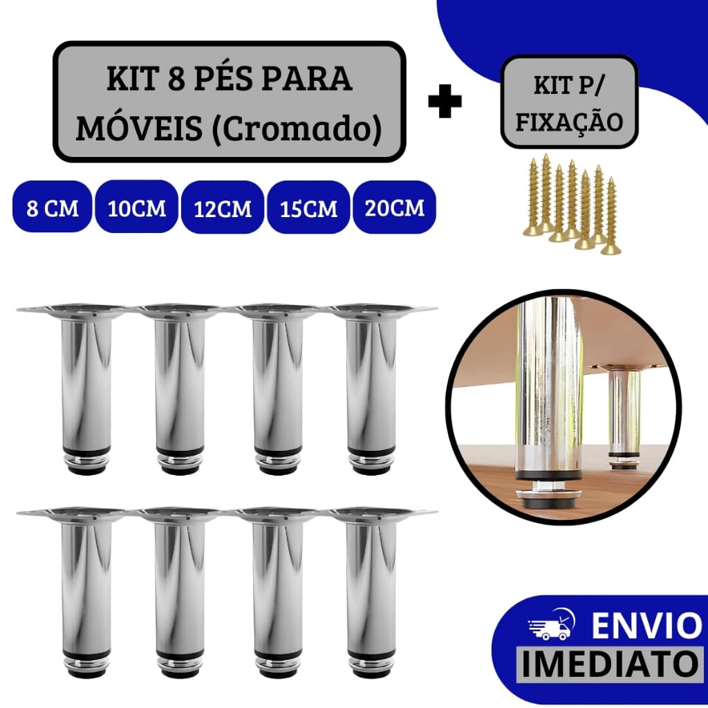 Kit 8 Pés Para Móveis Regulável Redondo Cromado - 8cm | 10cm | 12cm | 15 cm | 20cm
