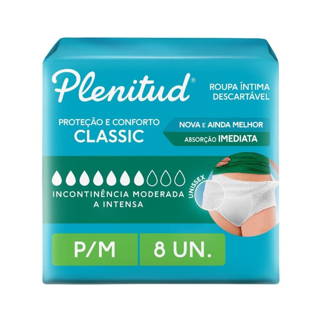 Roupa Íntima Descartável Plenitud Classic Incontinência Intensa P/M Com 8 Un