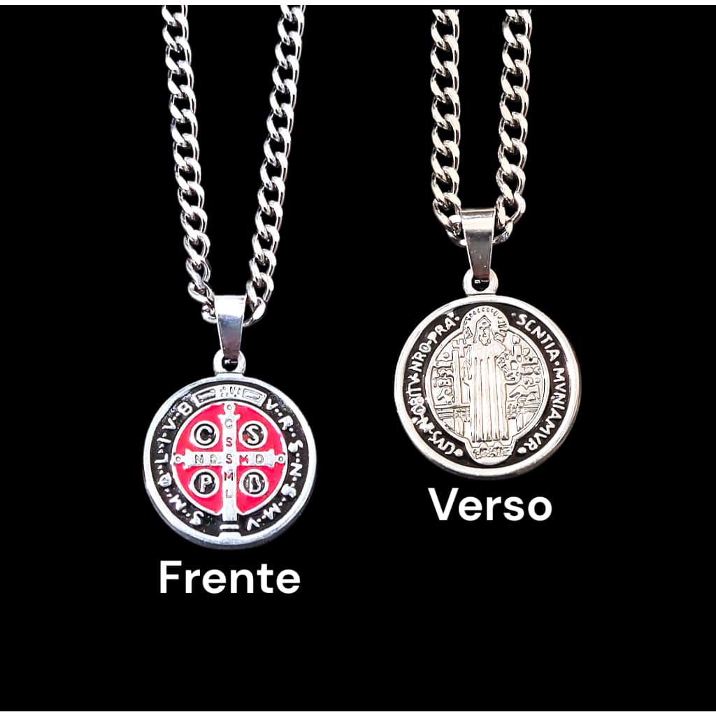 Cordão Masculino Pingente São Bento Aço Inox 316L Corrente Masculina Medalha São Bento