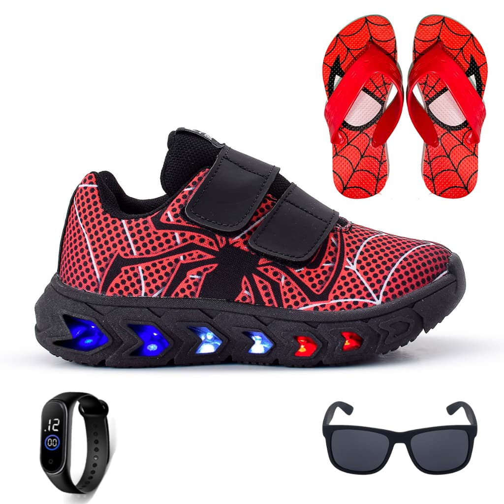 Tenis Masculino De Led Infantil Homem Aranha Super Heroi + Chinelo + Oculos + Relogio