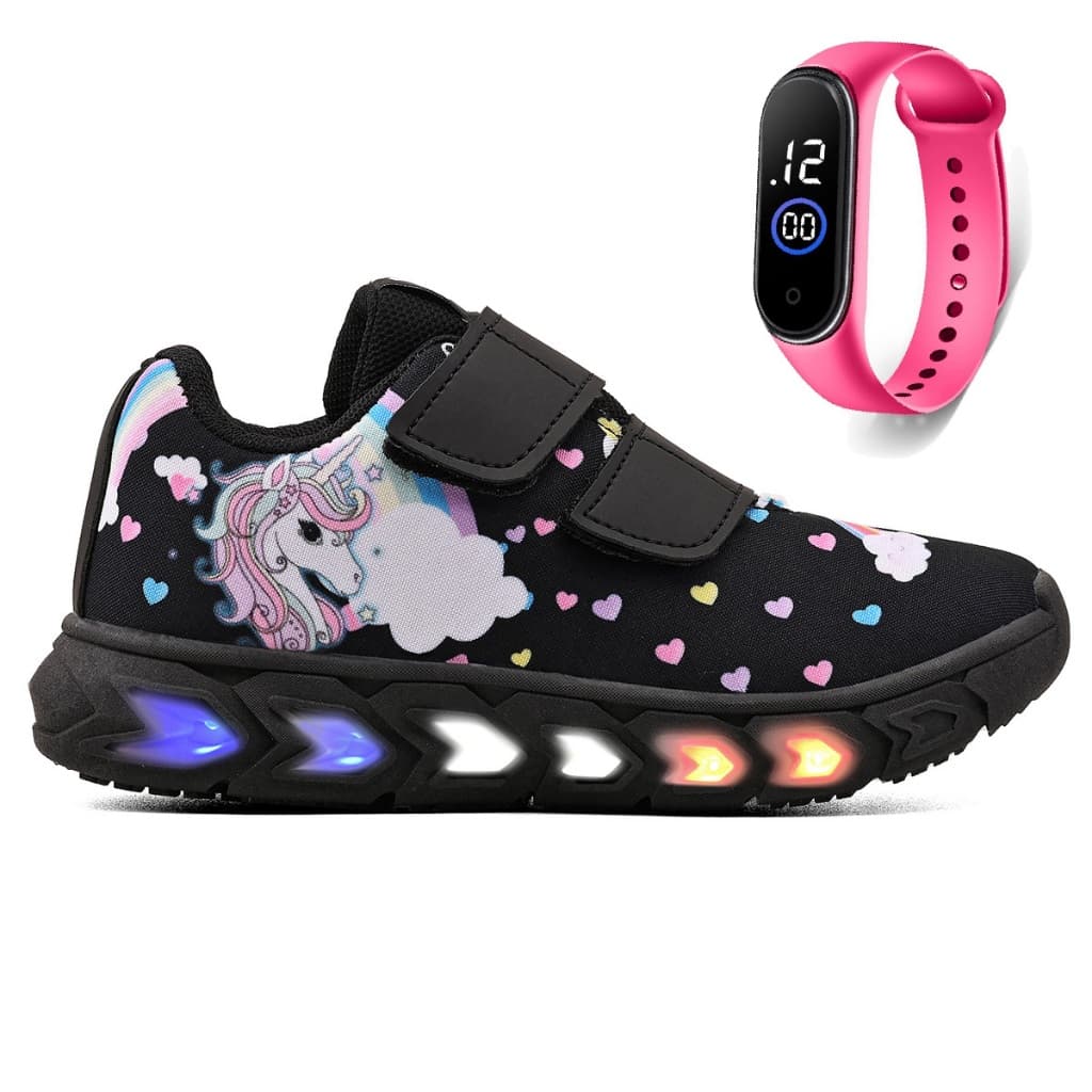 Tenis Infantil De Led Unicornio Meninas Casual + Relogio