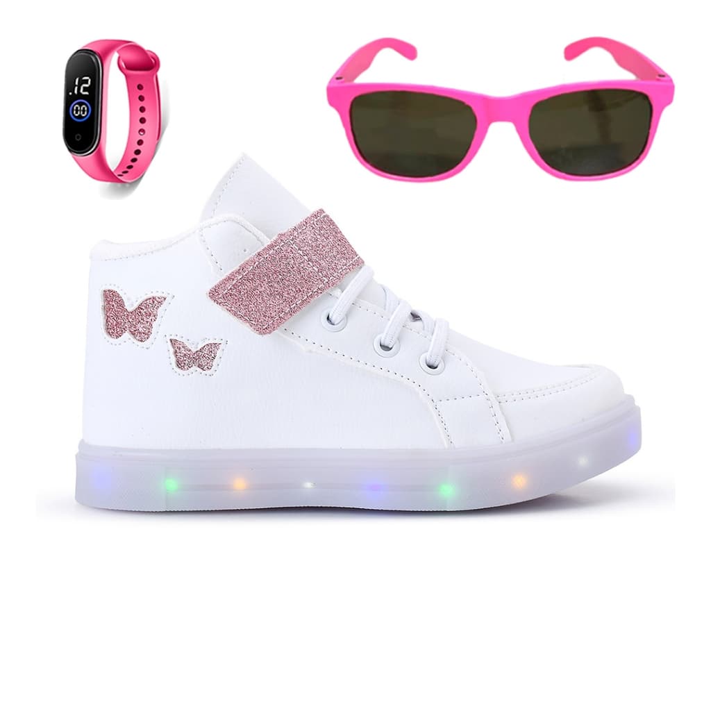 Tenis Infantil De Led Meninas Botinha Borboleta + Oculos + Relogio