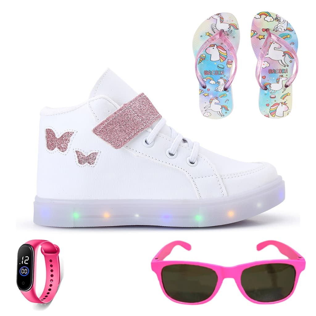 Tenis Infantil De Led Meninas Botinha Borboleta + Chinelo + Oculos + Relogio