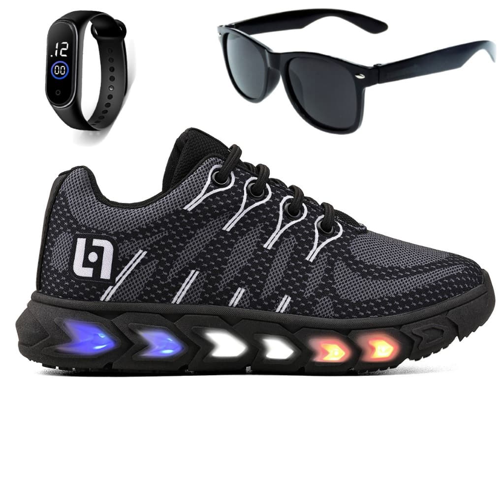 Tenis Infantil De Led Meninos Casual Preto Preto Com Luzes + Óculos e Relógio