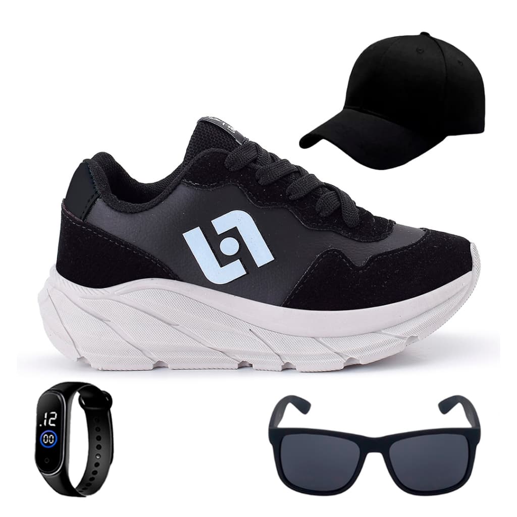 Tenis Infantil Meninos Jogger Escolar Casual Camurça + Bone Oculos Relogio