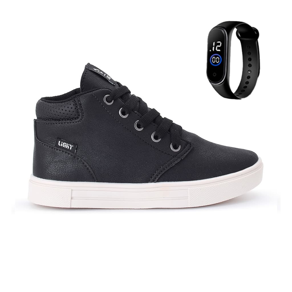Tenis Botinha Infantil Meninos Casual Cano Alto Confortavel + Relogio