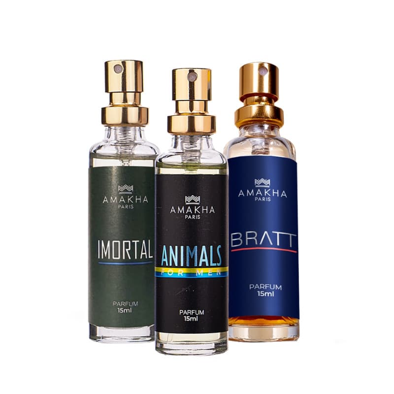 Kit com 3 Perfumes Masculinos de Bolso 15ml: Imortal + Animals + Bratt | Amakha Paris