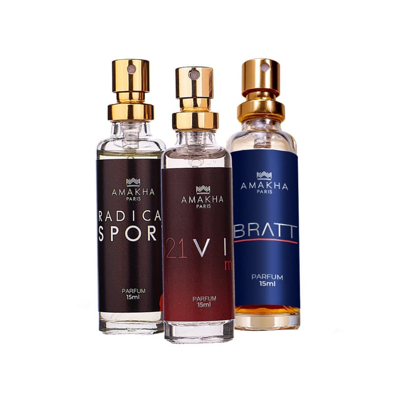Kit com 3 Perfumes de Bolso 15ml Masculinos | Radical Sport + 521 Vip Men + Bratt | Amakha Paris