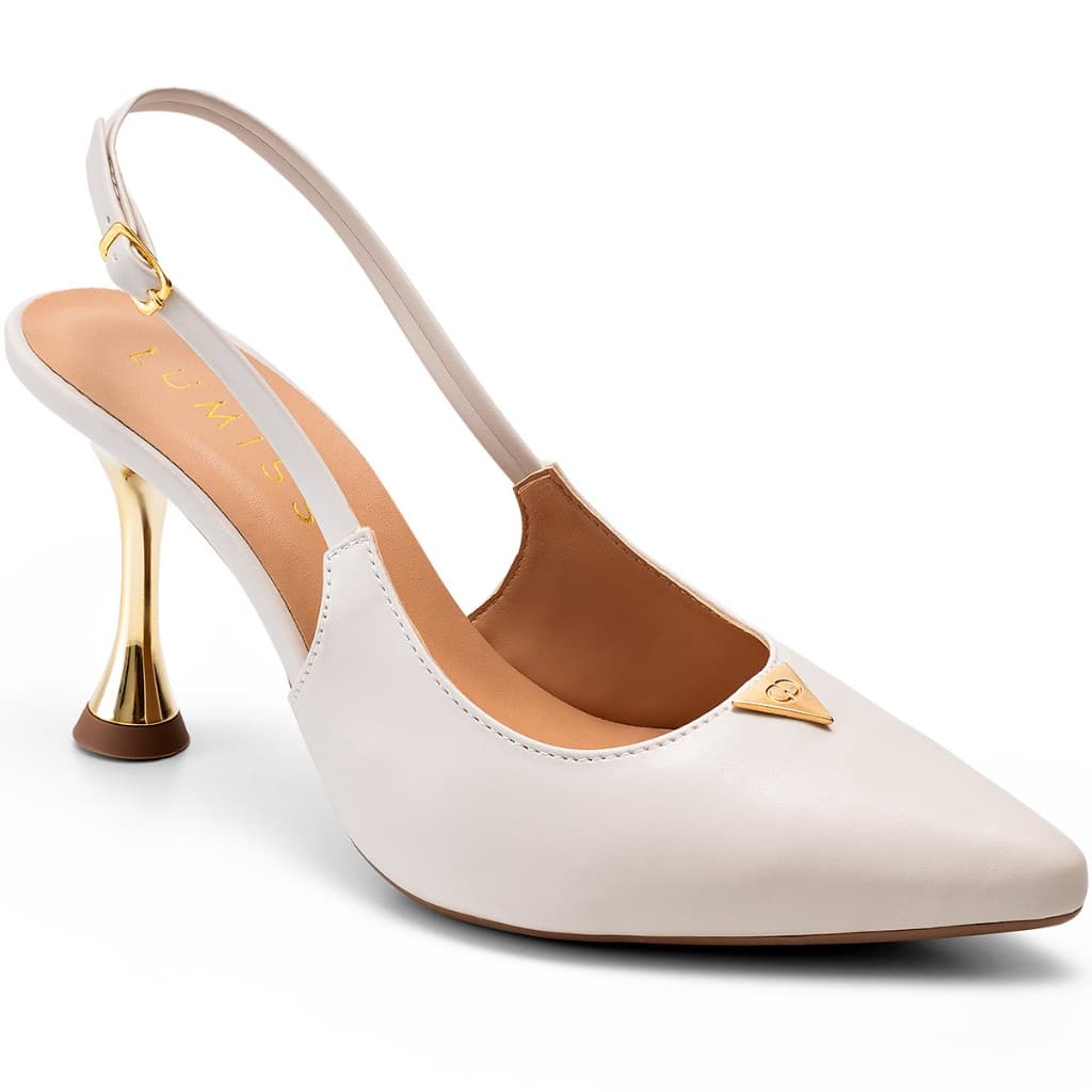 Scarpin Feminino Lumiss Bico Fino Salto Alto Fino Metalizado Off White