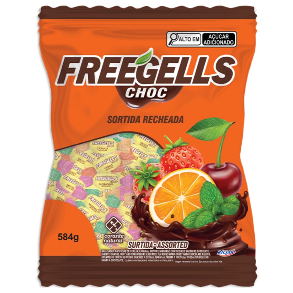 Balas Sortida Recheada Chocolate Freegells 475g Riclan