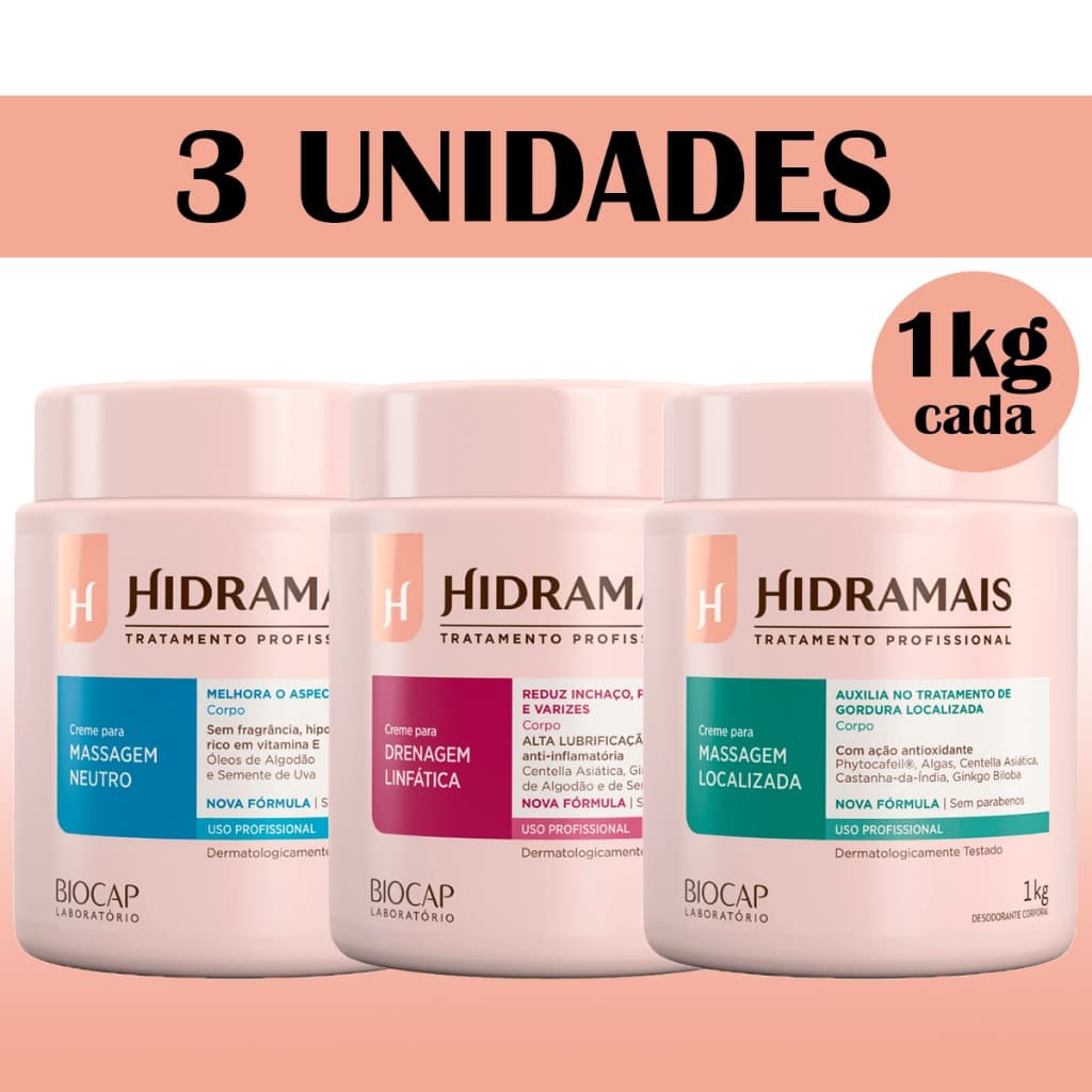 Kit 3 Hidramais Neutro + Drenagem Linfática + Localizada 1kg