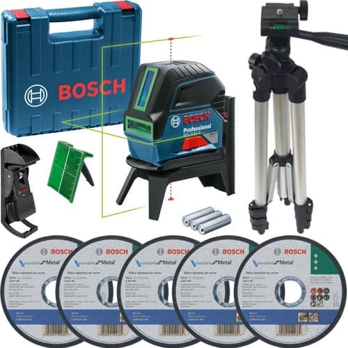 Kit Nível Laser Verde Bosch GCL 2-15G + Tripé + 5 Discos Corte Metal p/ Esmerilhadeira
