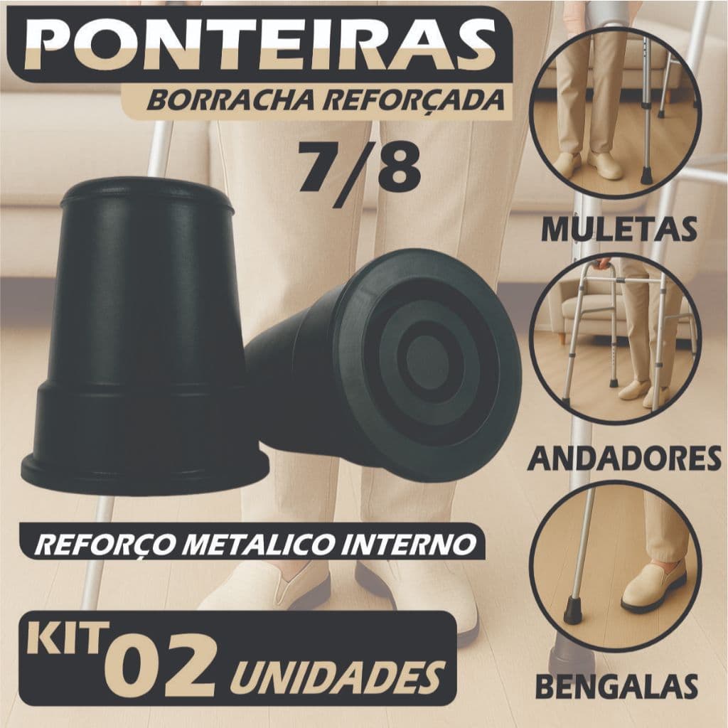 Kit 2 Ponteira Pé De Borracha 7/8 22mm Para Muleta Bengala Andador e Auxiliar