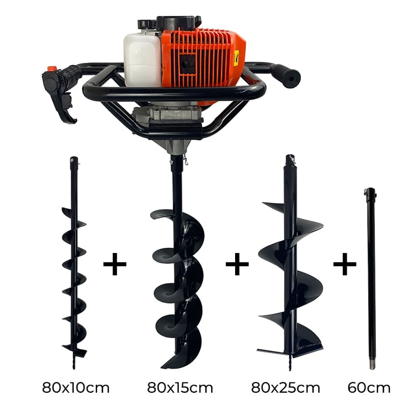 Perfurador de Solo A Gasolina 52cc 2,5HP com Brocas 80x10 + 80x15 + 80x25cm + Ext 60cm Carbon Fak