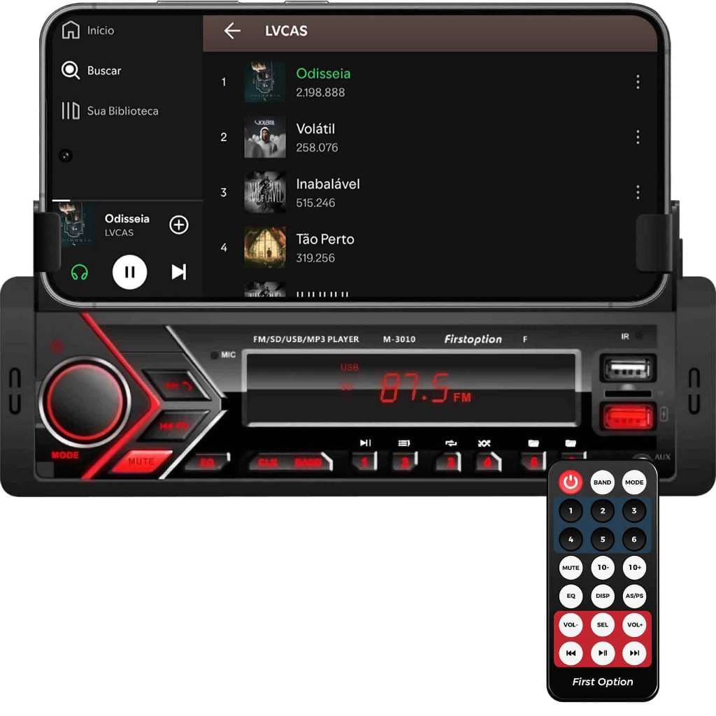 Rádio MP3 Player Som Automotivo Bluetooth Universal Suporte para Celular USB SD First Option 3010F