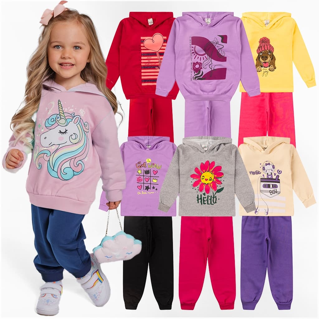 Kit Sortido de 2 ou 6 Peças Roupa Infantil Menina Inverno Moletom com Capuz 1 ao 14