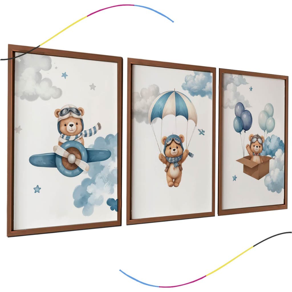 Conjunto de 3 Quadros Decorativos Infantis com moldura Urso Aviador em Azul Arte para Quarto de Bebê