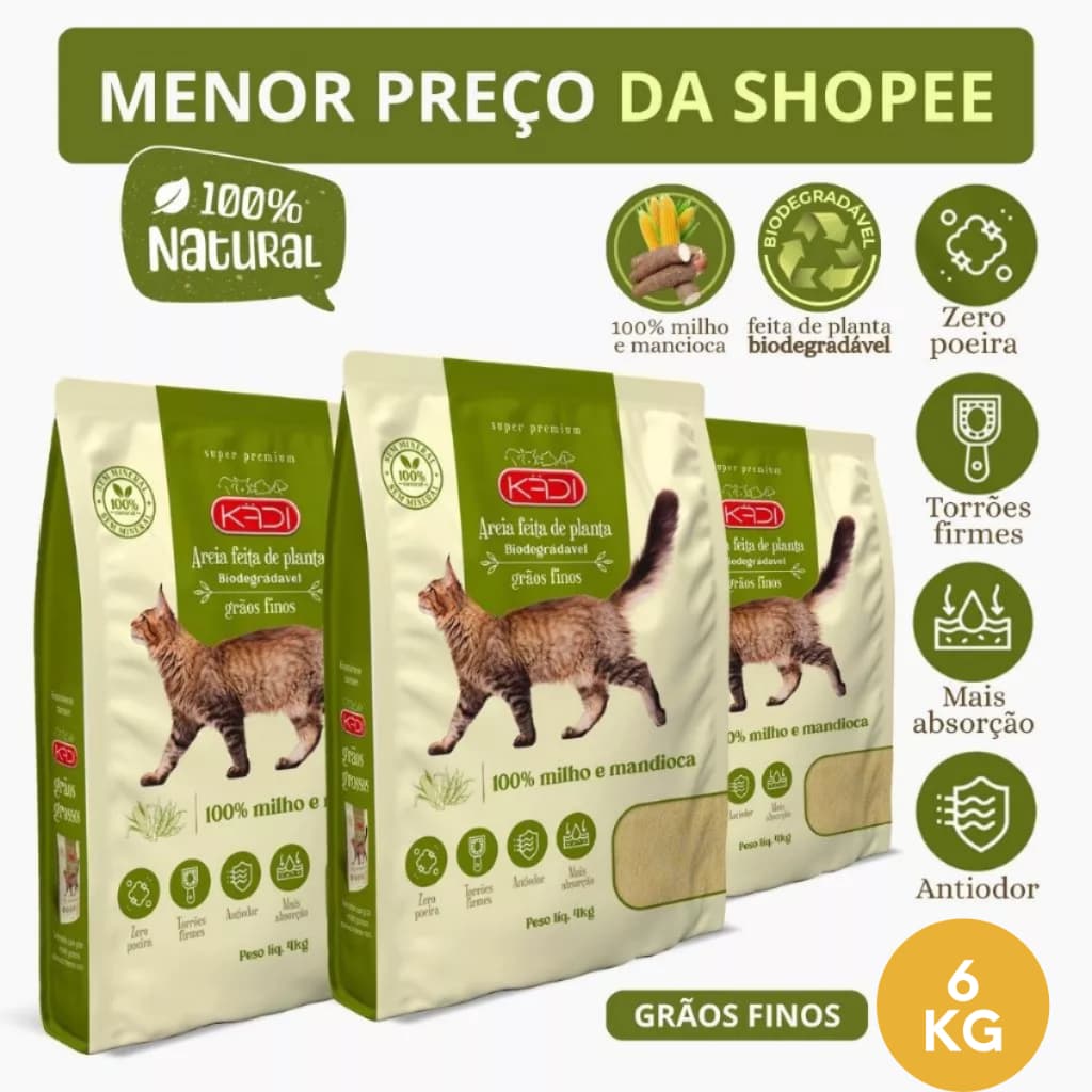 Kit 3 Areia Biodegradável Kadi Grãos Finos Gatos Grão Fino Cat Gato Kit Total 6KG Milho Mandioca Bio