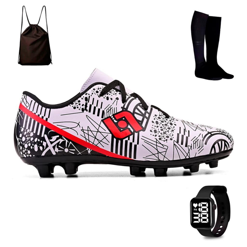 Kit Chuteira Masculina Adulto Trava Futebol Campo Costurada + Mochila Meiao e Relogio