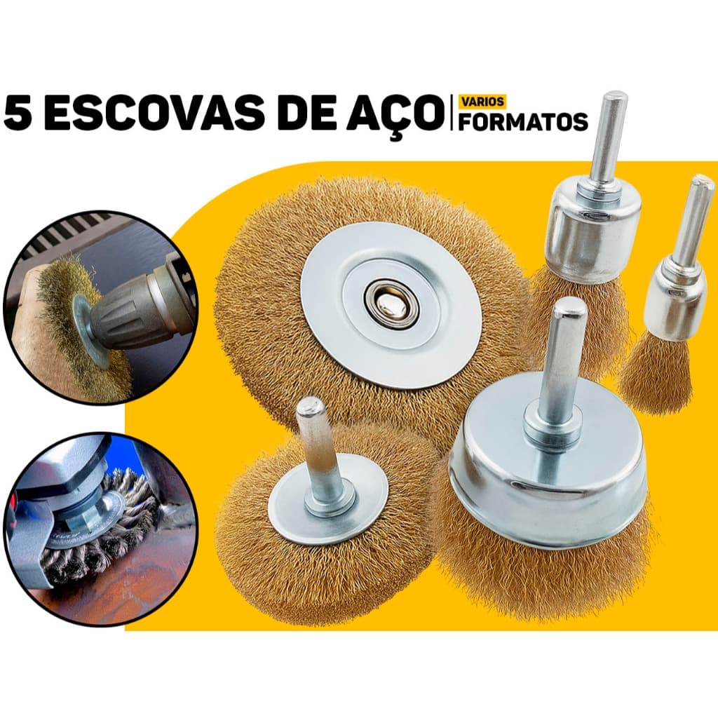 Jogo Escova De Aço Circular Fertak 5 Peças C/ Haste P/ Furadeira Polimento Limpeza Lixar E Remover Ferrugem