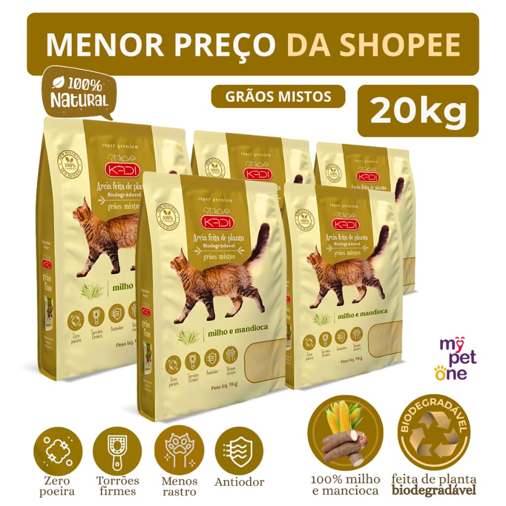 Kit 5 Areia Biodegradável 4 Kg Grãos Mistos - Kadi