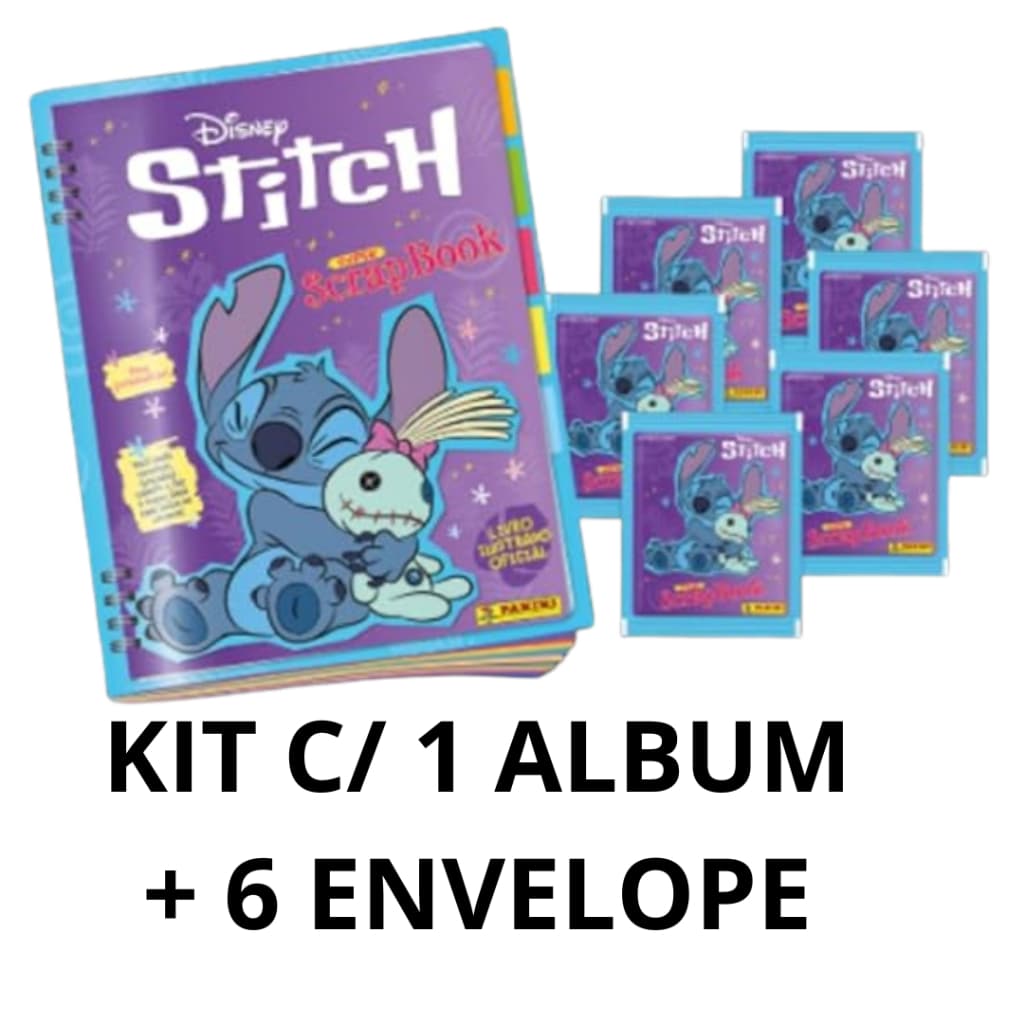 Kit C/ 1 Álbum Brochura + 6 Envelopes de Figurinhas Stitch