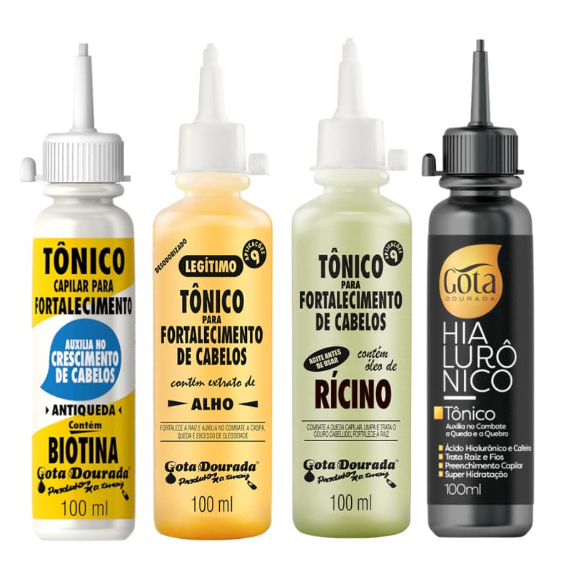 Kit Tônicos Capilares Gota Dourada  - Tradicional, Hialurônico e Biotina e Rícino