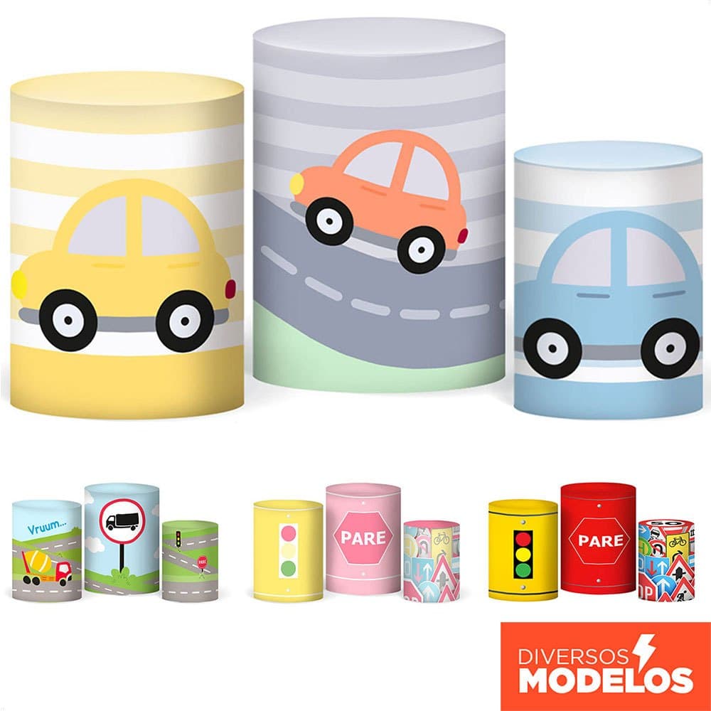 Capa Cilindro Festa Carrinhos Trânsito Veste Fácil Em Tecido com Elástico para Decoração