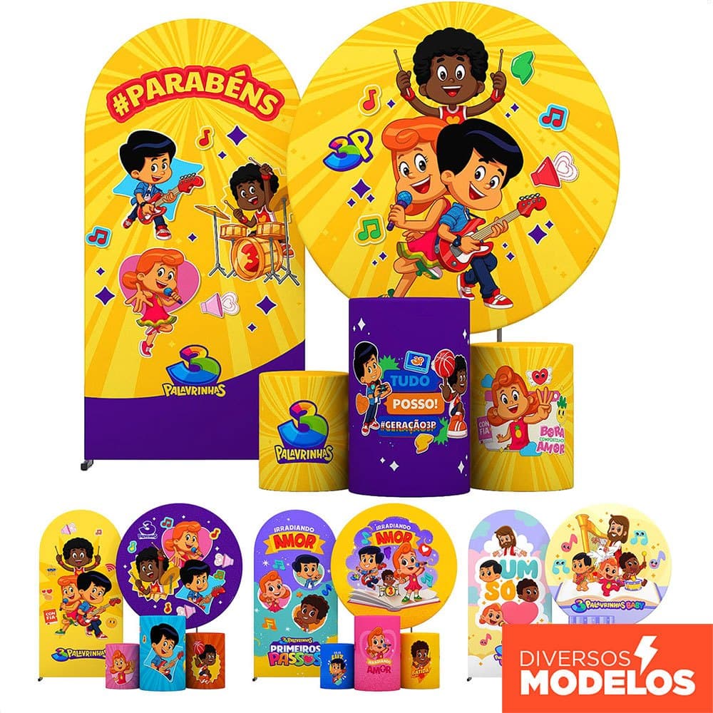 Kit Painel de Festa 3 Palavrinhas + Capa Cilindro Decoração Aniversário Infantil  - Licenciado