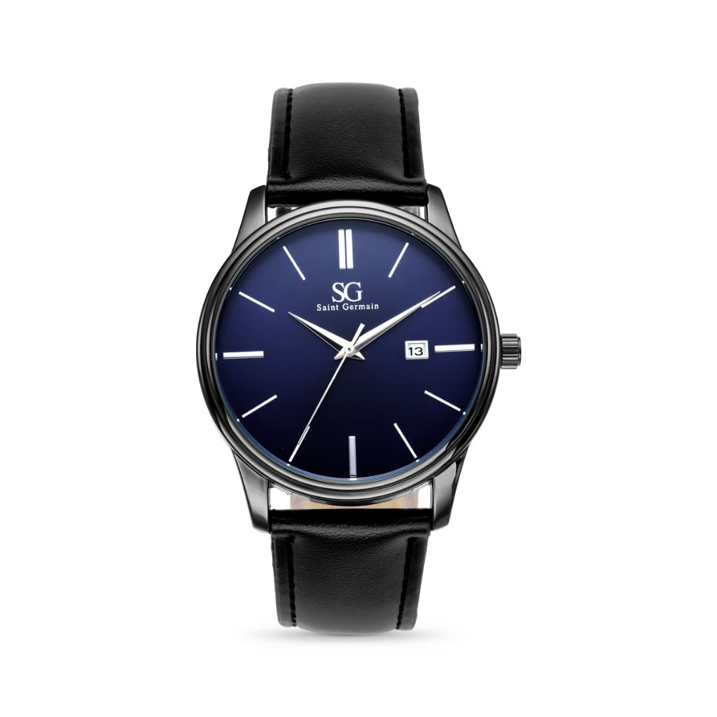 Relógio Masculino Chrowl Couro Preto Mostrador Azul Saint Germain Estilo Clássico Elegância 42mm