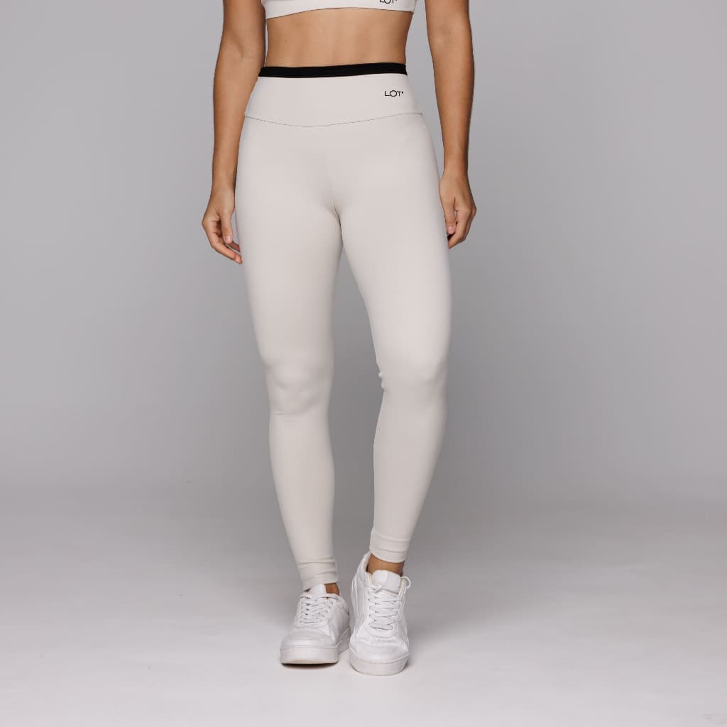 Calça Legging Academia Fitness Poliamida Areia com Detalhe Preto Esportiva Cós Duplo Coleção Duo