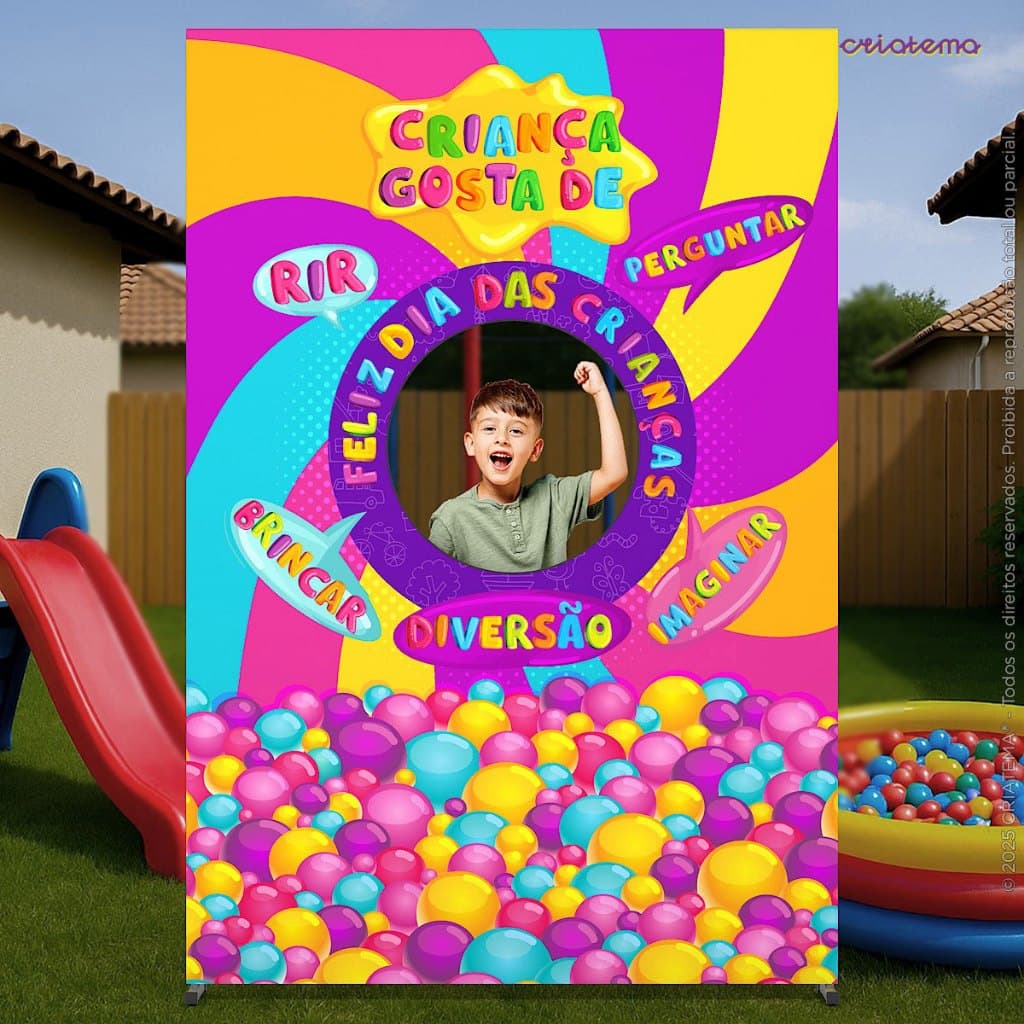 Painel Dia Das Crianças Retangular Interativo Vazado para Foto Decoração de Festa Sublimado 1,5x2,2m