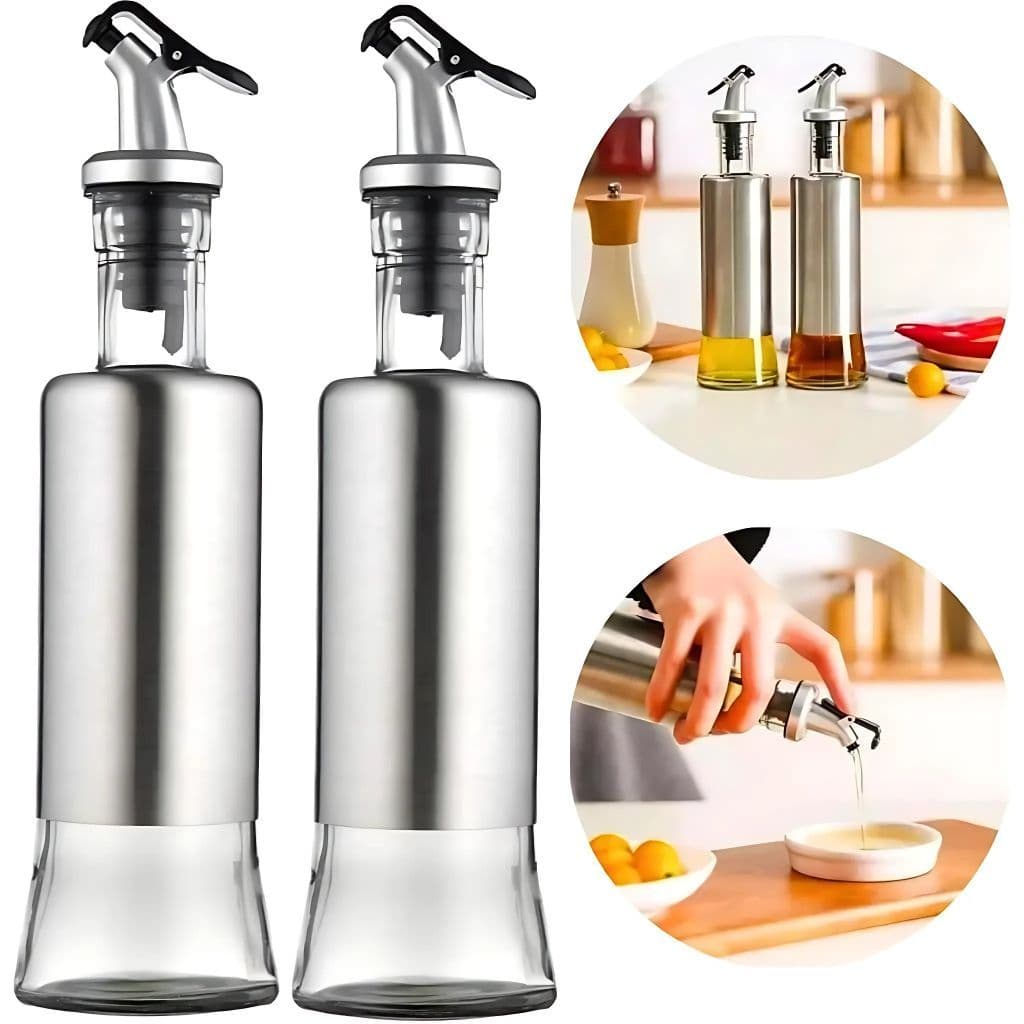 Galheteiro Porta Azeite Vinagre Dosador Vidro e Inox Vinagreiro Azeiteiro 300ML + 500ML DUHOME