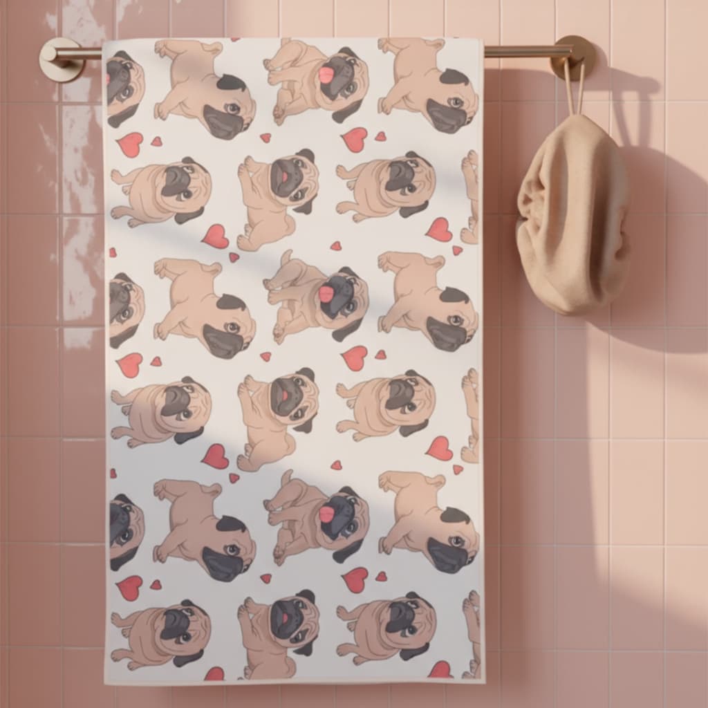 Toalha Dog Pug: Estampa Alta Definição - Poliéster e Algodão - Design Importado
