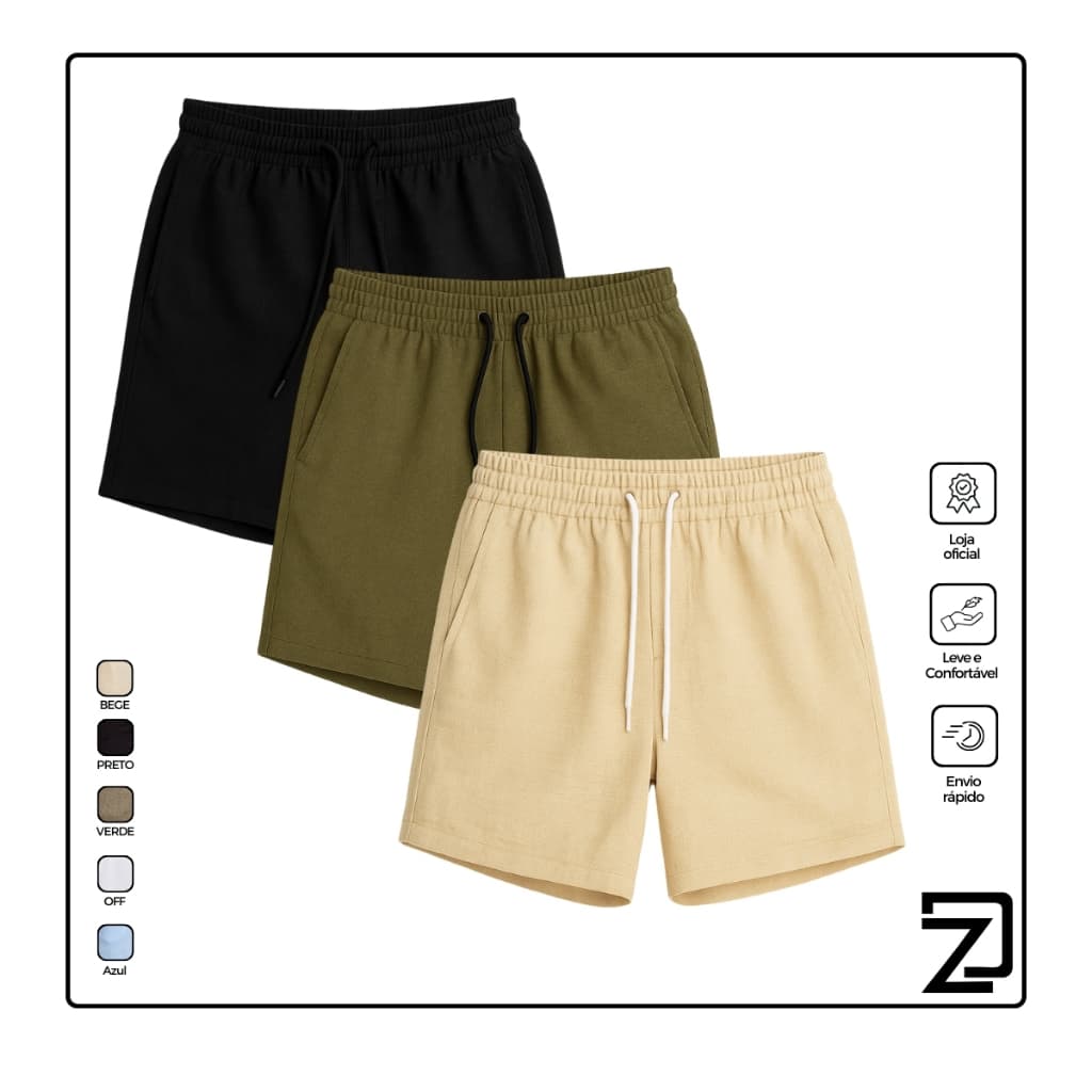 Kit 3 Bermudas Masculina Shorts Linho