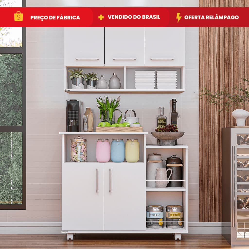 Conjunto Balcão Estilo Fruteira E Armário 3 Portas Cozinha Compacta Móveis Bonatto