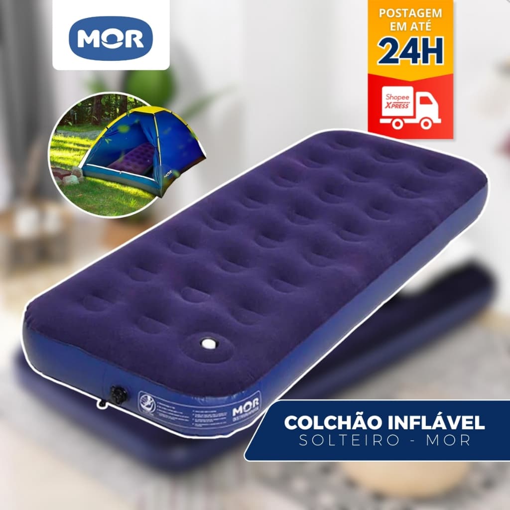Colchão Inflável Solteiro Mor + Inflador Embutido + Kit Reparo