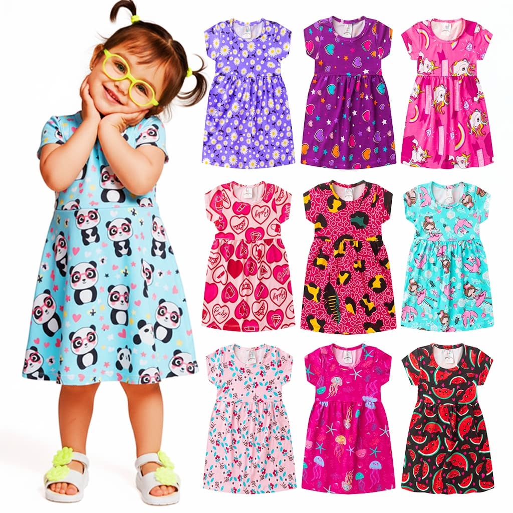 1, 3 ou 6 Peças Vestidos Infantil Menina Feminino Verão 1 ao 8