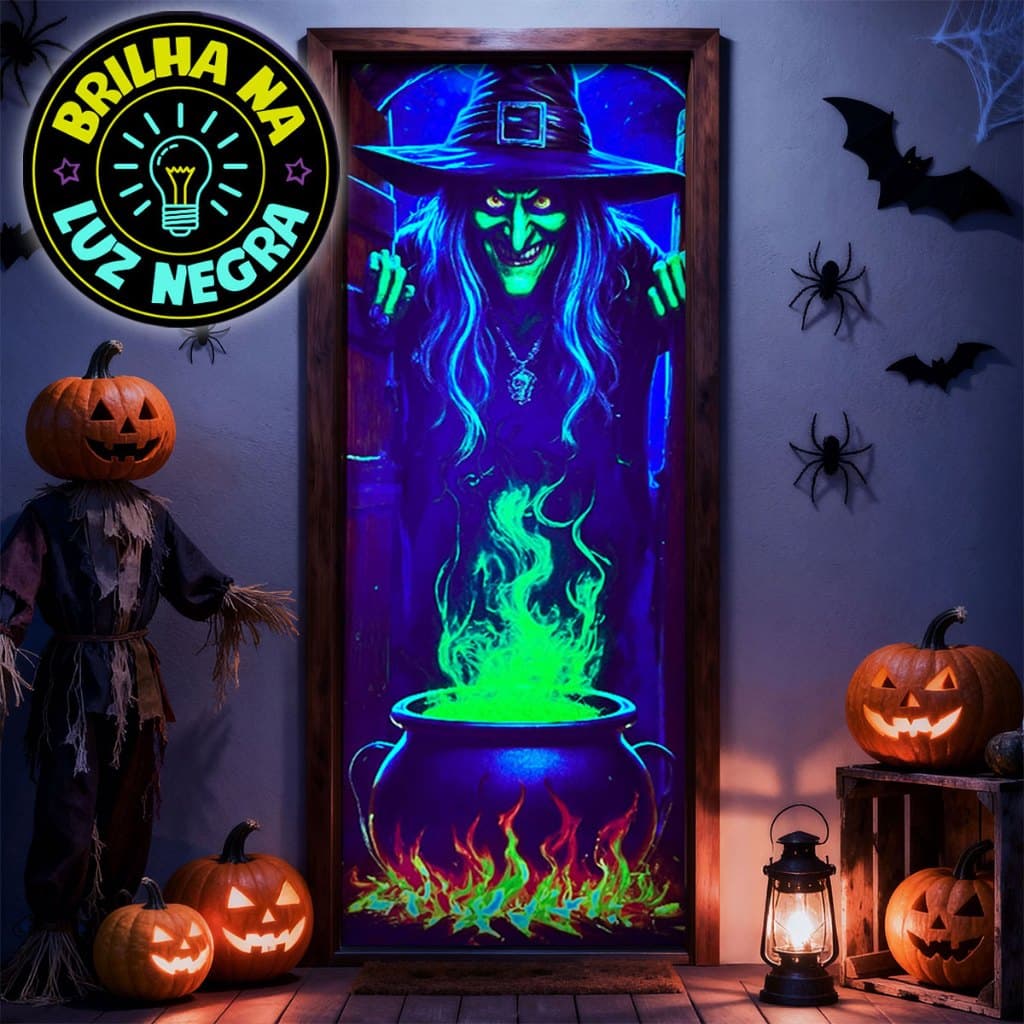 Capa de Porta Decoração Halloween Bruxa Tecido Sublimado Neon 0,80x2,10m C/Elástico- Brilha C/ Luz Negra